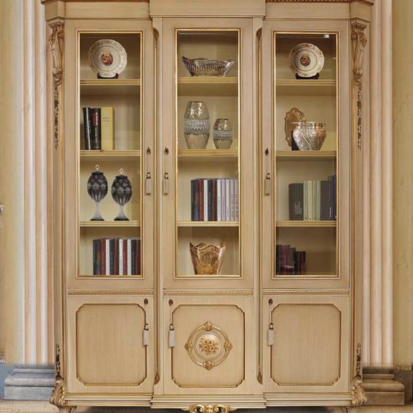 Bespoke classic bookcase made in italy in real wood with handmade carvings and inlay marquetry