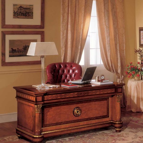 Bespoke classic writing desk made in italy in real wood with handmade carvings and inlay marquetry